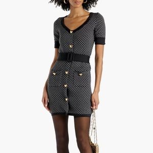 Moschino Couture blue knit jacquard mini dress size 6 gold teddy buttons